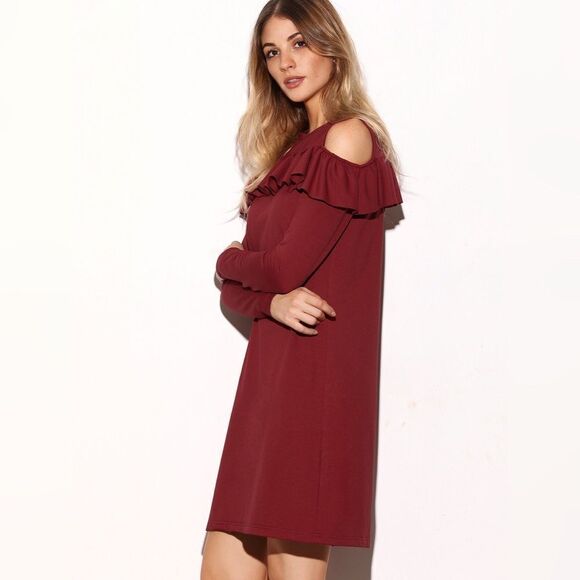 ✨Burgundy Cold Shoulder Ruffle Trim Shift Dress✨ - Picture 4 of 5